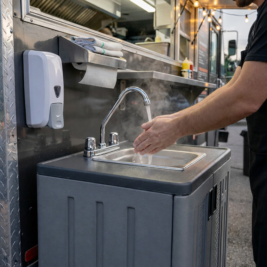 Worker using a portable hand-washing station with industrial resin cabinet and stainless steel basin outside a food truck.